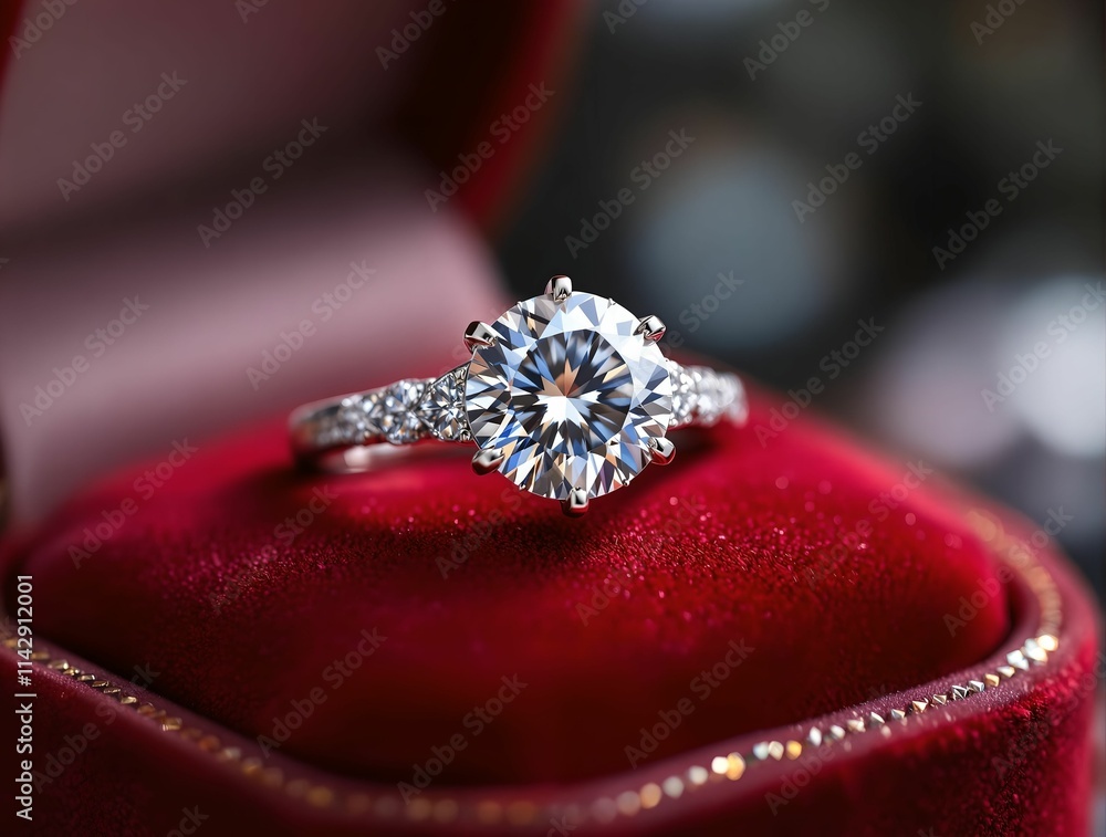 Aufkleber the image shows a diamond ring placed inside a red jewelry box. the ring is adorned with multiple di