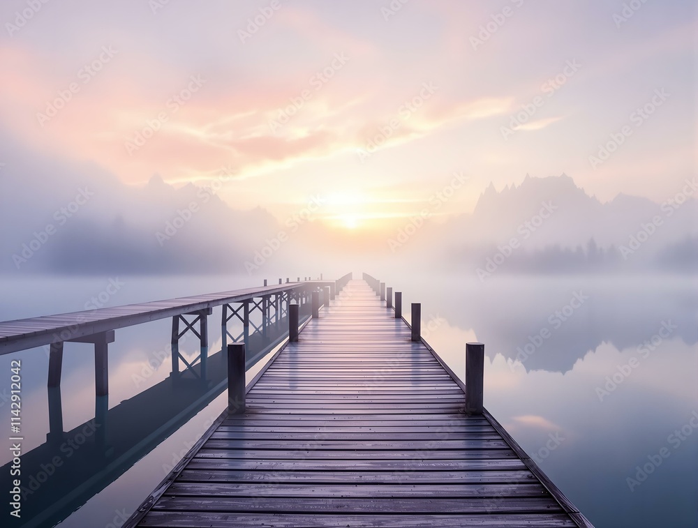Poster serene, foggy sunrise over a calm lake, with a wooden dock extending into the misty waters. the sky 