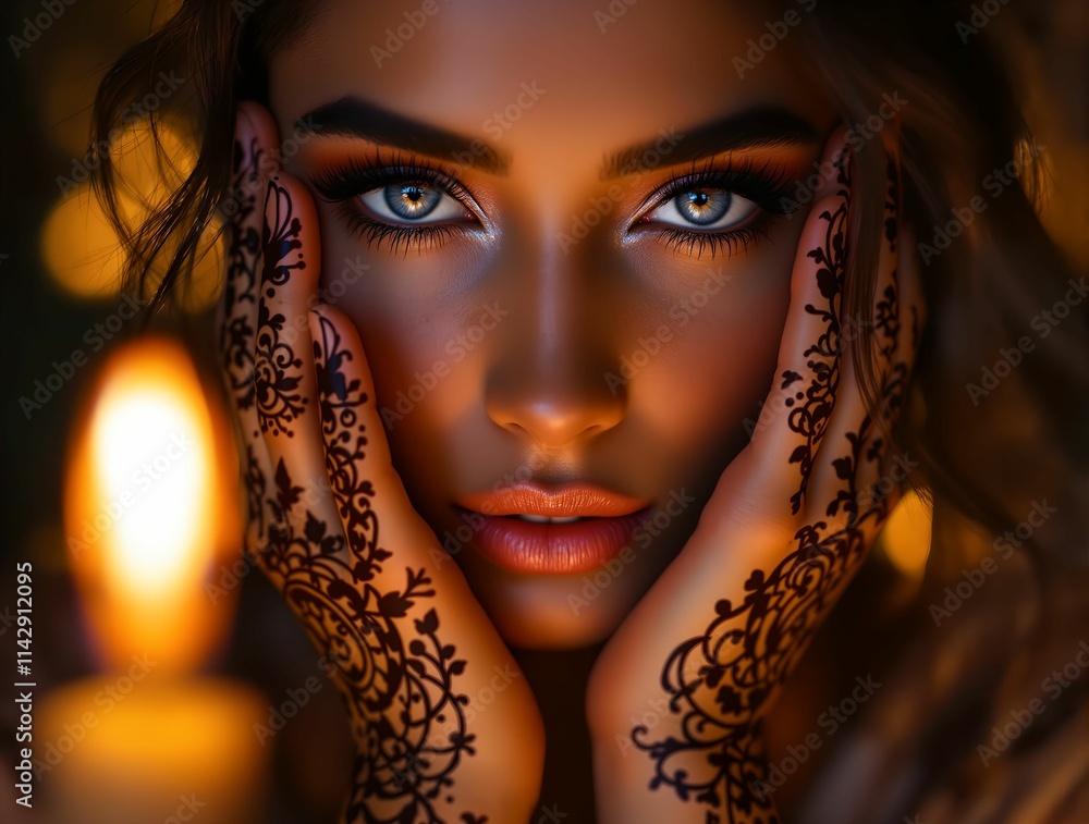 Poster person with intricate black hand designs on their hands, and they are holding a lit candle with a so