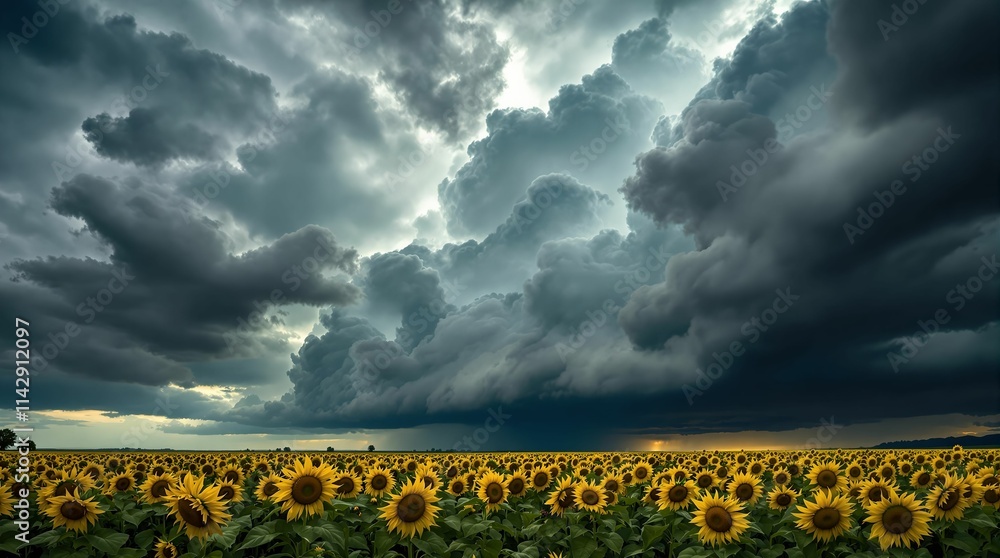 Poster the image shows a large field of sunflowers under a dark, stormy sky filled with clouds.