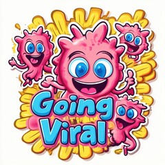 Naklejka premium Fun Going Viral text with vibrant cartoon explosion background and cheerful pink character, dynamic design for social media and online success themes