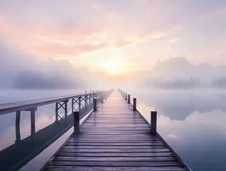 Obraz premium serene, foggy sunrise over a calm lake, with a wooden dock extending into the misty waters. The sky is a gradient of soft pink and orange hues, blending into the foggy horizon.