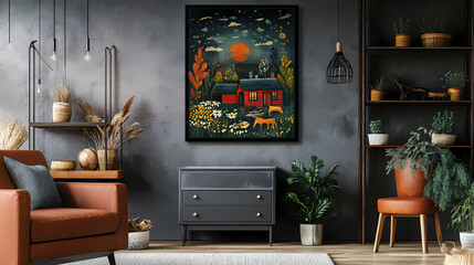 Barnyard fantasy canvas print with floating frame. Nocturne. Illustration