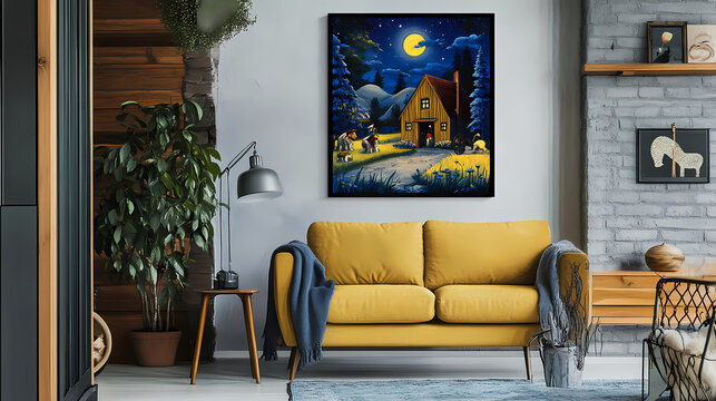 Barnyard fantasy canvas print with floating frame. Nocturne. Illustration