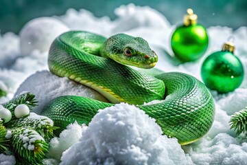 Fototapeta premium Snowy Serpent: Green Snake Ornament Winter Fashion Photography