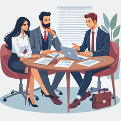 Partners meeting for business discussion with documents and laptop on desk. Couple at round table, speaking, discussing work, partnership. Flat vector on a white background