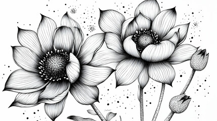 Fototapeta premium A black-and-white illustration of three flowers with intricate detailing -
