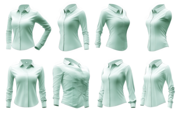 set of eight green long-sleeved shirts with a collar and button-down closure. shown in various angles. isolated on a transparent background