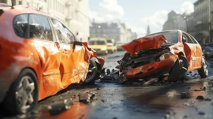 realistic depiction of a severe car accident with two vehicles badly damaged from a collision, set in a busy street, emphasizing the consequences of traffic violations