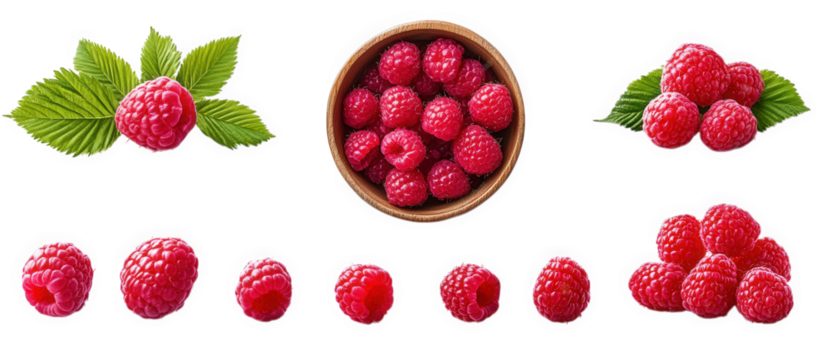a collection of ripe raspberries isolated on a transparent background the raspberries are arranged in various ways. including a bowl full. a group of four. and individual raspberries there are also so