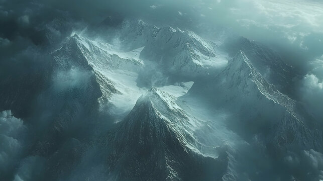 Fototapeta A breathtaking aerial view of snowy mountain peaks as seen from an airplane window  -