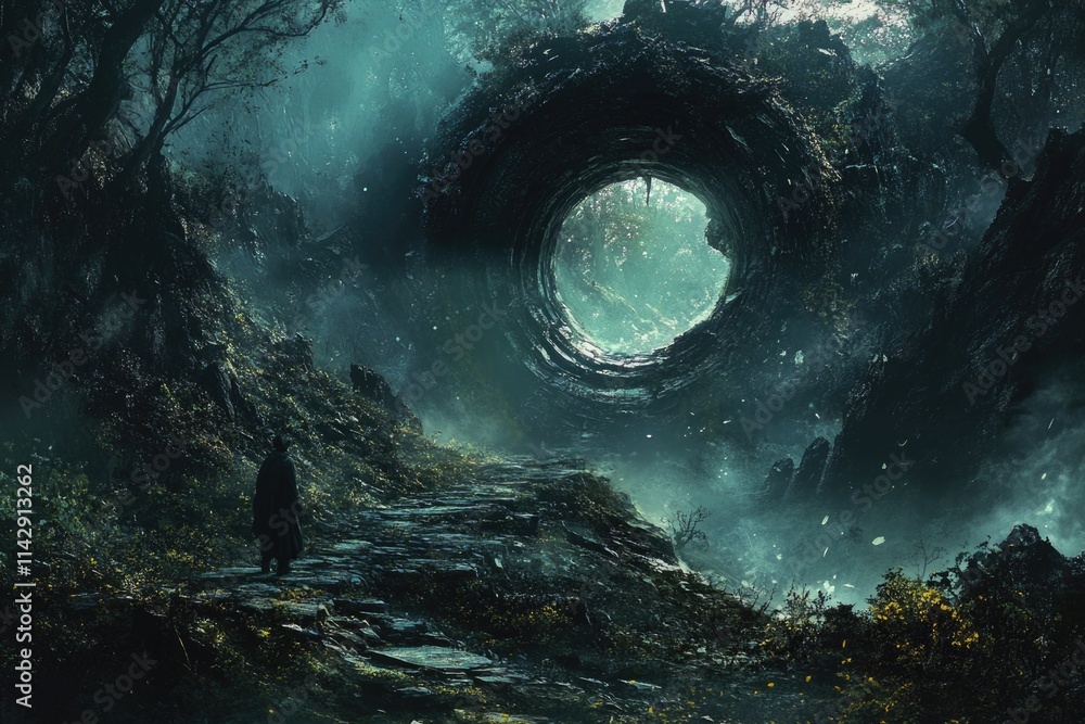 Poster a person walking through a dense and dark forest, illuminated only by the faint moonlight