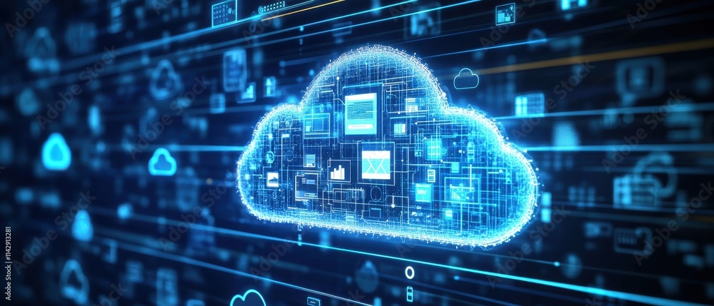 Poster a digital cloud with icons representing various applications and data, set against an abstract backg