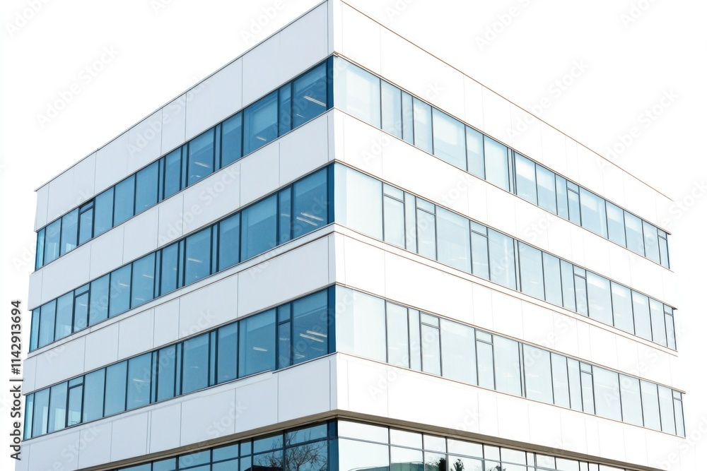 Poster a large modern building with numerous windows, suitable for use in architectural or business setting