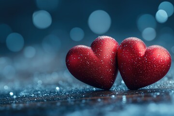 Fototapeta premium Two red hearts placed side by side on a table, ideal for romantic occasions or as a symbol of love and friendship
