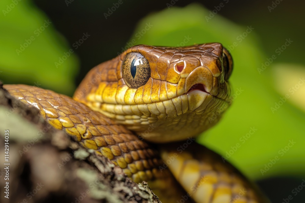 Poster a close-up view of a snake curled around a branch, showcasing its scaly texture and natural habitat