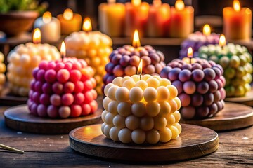Naklejka premium Soy Bubble Candles Night Photography - Handmade Candle Closeup, Side View