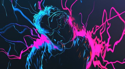 Explosive bursts of neon blue, electric magenta, and vivid cyan streak through a dark, dynamic background, creating an abstract vision of crackling energy, vibrant lightning currents, and pulsating