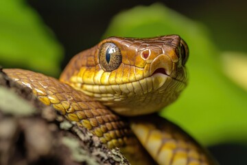 Fototapeta premium A close-up view of a snake curled around a branch, showcasing its scaly texture and natural habitat