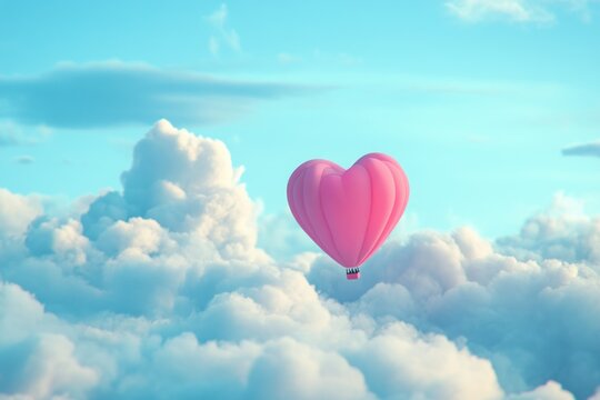 Romantic pink hot air balloon soaring through fluffy clouds under a bright blue sky, symbolizing love, freedom, and adventure in a picturesque landscape