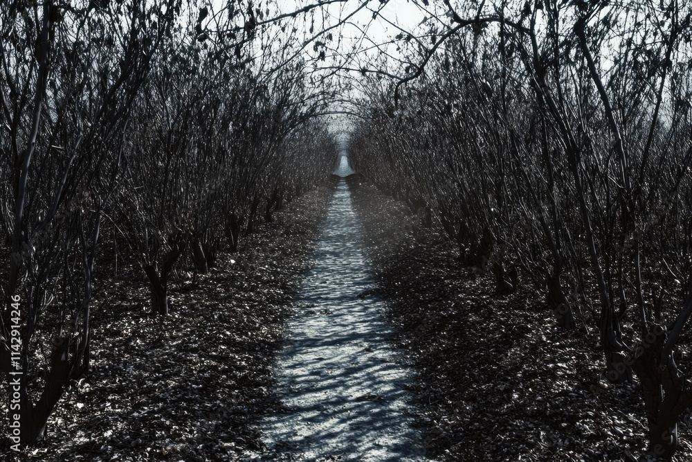 Poster a winding dirt path leads through a dense forest, surrounded by numerous trees