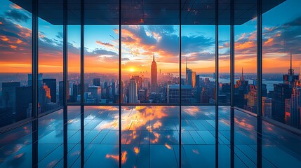 Fototapeta premium Stunning sunset cityscape view from a modern glass office.