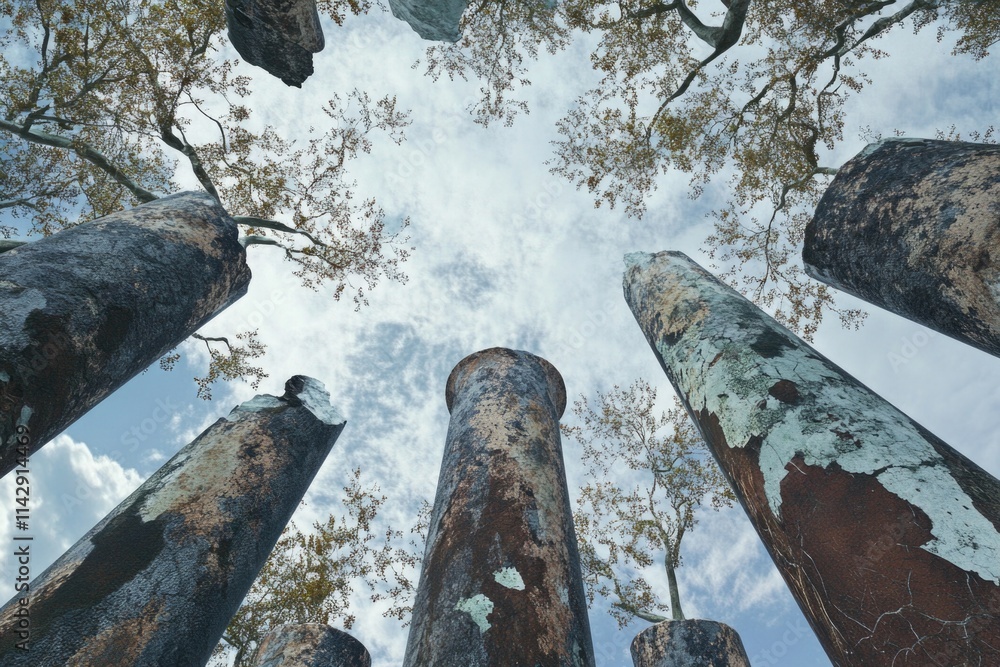 Poster group of trees floating in mid-air, no roots or ground in sight