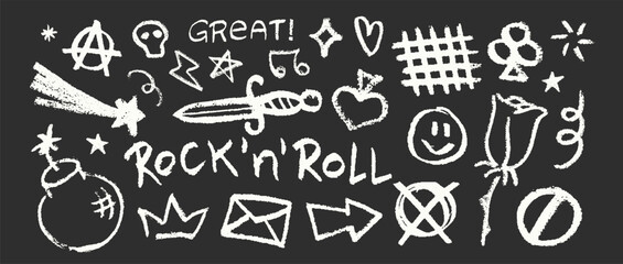 Crayon Pencil Gray Punk Rock Squiggles Vector Set. Chalk Scribble Graffiti Shapes Collection Color Hand Drawn Brush Texture Scull, Heart, Arrow and Crown Squiggles Blackboard Elements Charcoal Doodles