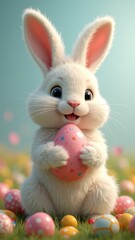 fluffy rabbit sitting next to colorful Easter eggs concept of Easter celebration, pet rabbits, festive decorations