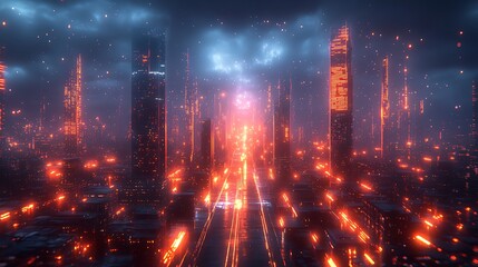 Obraz premium Futuristic cityscape at night with glowing buildings and streets.