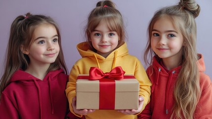 Children with gift, young friends sharing surprise, joyful moment captured