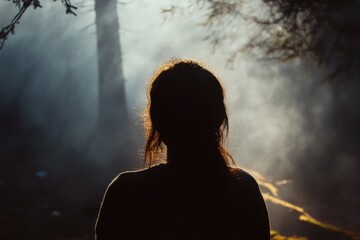 Fototapeta premium A silhouette of a person standing in a dense forest, perfect for use as a symbol or representation of solitude or contemplation