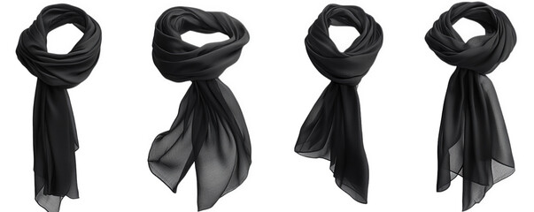 four black chiffon scarves in different arrangements. isolated on transparent background