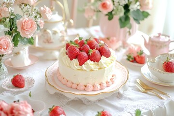 Delightful Strawberry Cake Surrounded by Fresh Strawberries and Elegant Floral Arrangement on a Cozy Dining Table Setting