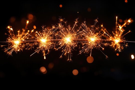 A close-up of a sparkler on a black background, suitable for use in celebrations or fireworks-themed designs
