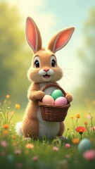  fluffy rabbit sitting outdoors next to colorful Easter eggs concept of Easter celebration, pet rabbits, spring festivities