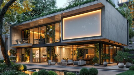Modern architectural design featuring a glass facade and lush greenery.