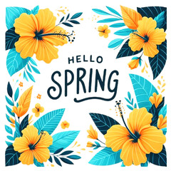 Vibrant yellow hibiscus flowers tropical turquoise leaves