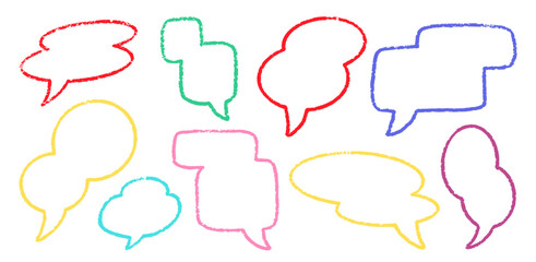 Crayon Speech Bubbles Vector Set. Chalk Scribble Talking Clouds Shapes Collection. Colorful Hand Drawn Brush Texture Dialogue Frames. Pencil Emphasis Elements Charcoal Doodle Talk Balloons Bundle