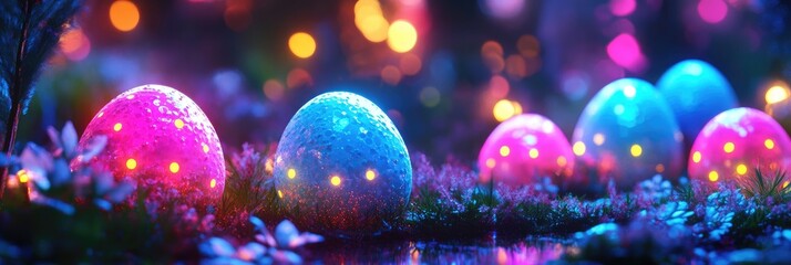 3D digital render of glowing Easter eggs in a vibrant scene
