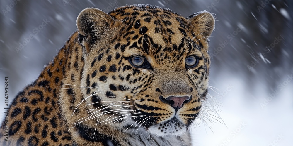 Poster close-up of a leopard's face in snowy environment
