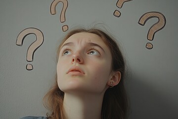 A woman looks up with questioning expression, wondering about something