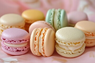 Fototapeta premium Colorful Assortment of French Macarons Displayed on Soft Fabrics with a Delicate Background Perfect for Sweet Treats and Pastry-Themed Designs