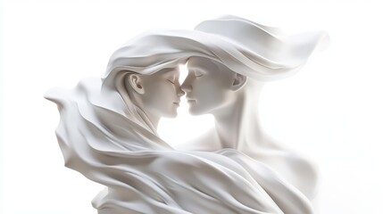 romantic 3d marble sculpture of lovers, detailed and lifelike, against a pure white backdrop, dramatic lighting highlighting textures and curves