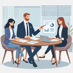 Partners meeting for business discussion with documents and laptop on desk. Couple at round table, speaking, discussing work, partnership. Flat vector on a white background