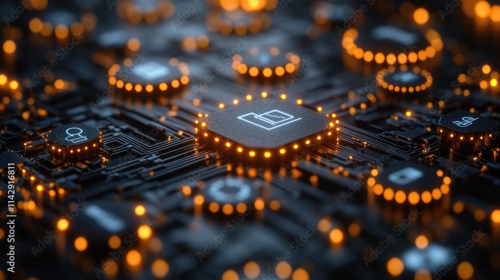 Poster a close-up view of a computer chip on a motherboard, perfect for tech-related projects or articles