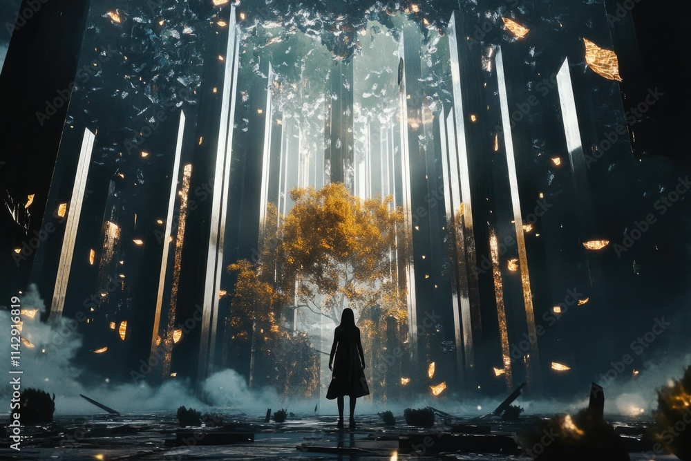Poster a person stands alone in a dense forest, surrounded by trees and foliage
