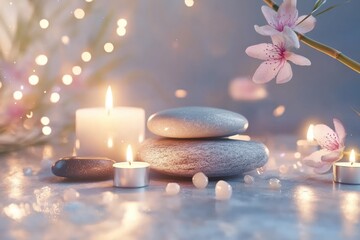 Tranquil Spa Setting with Smooth Stones, Glowing Candles, and Delicate Flowers Creating a Serene Atmosphere for Relaxation and Mindfulness Practice