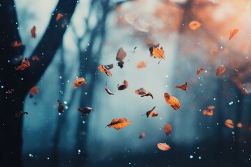 A bunch of leaves blown away from trees, suspended in mid-air