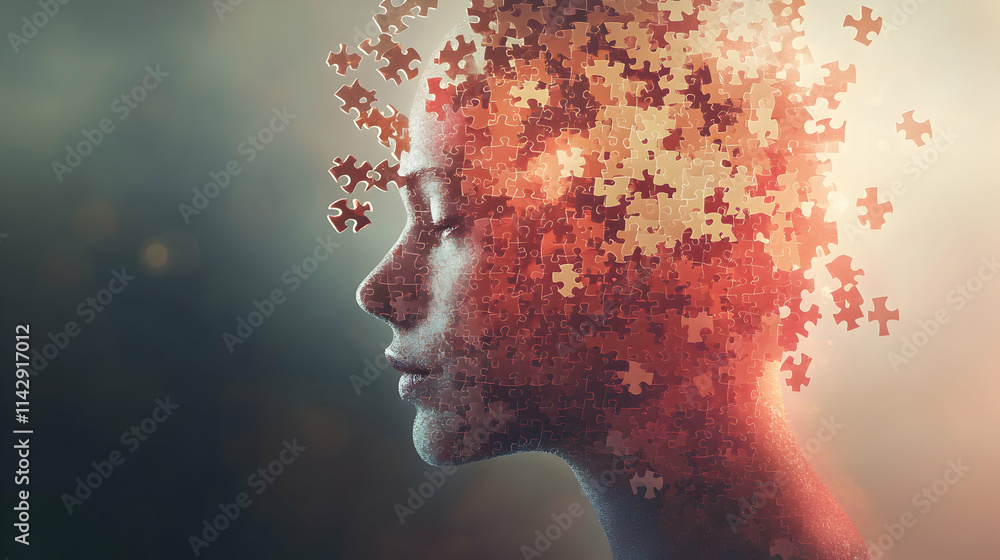 Poster a human head with puzzle pieces emerging from it, set against a gradient background with soft lighti